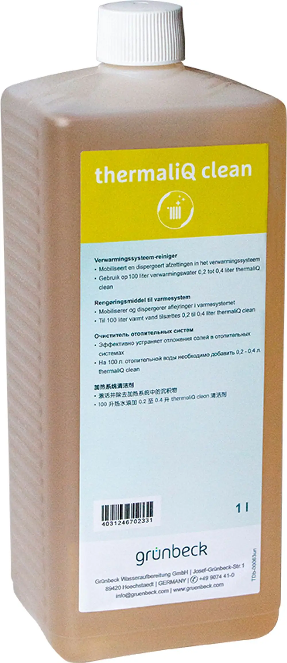Flasche mit Reinigungslösung von Grünbeck, beschriftet mit mehrsprachigen Anweisungen zur Nutzung im Heizsystem, 1 Liter Inhalt. Produktbeschreibung und Barcode auf der Rückseite.